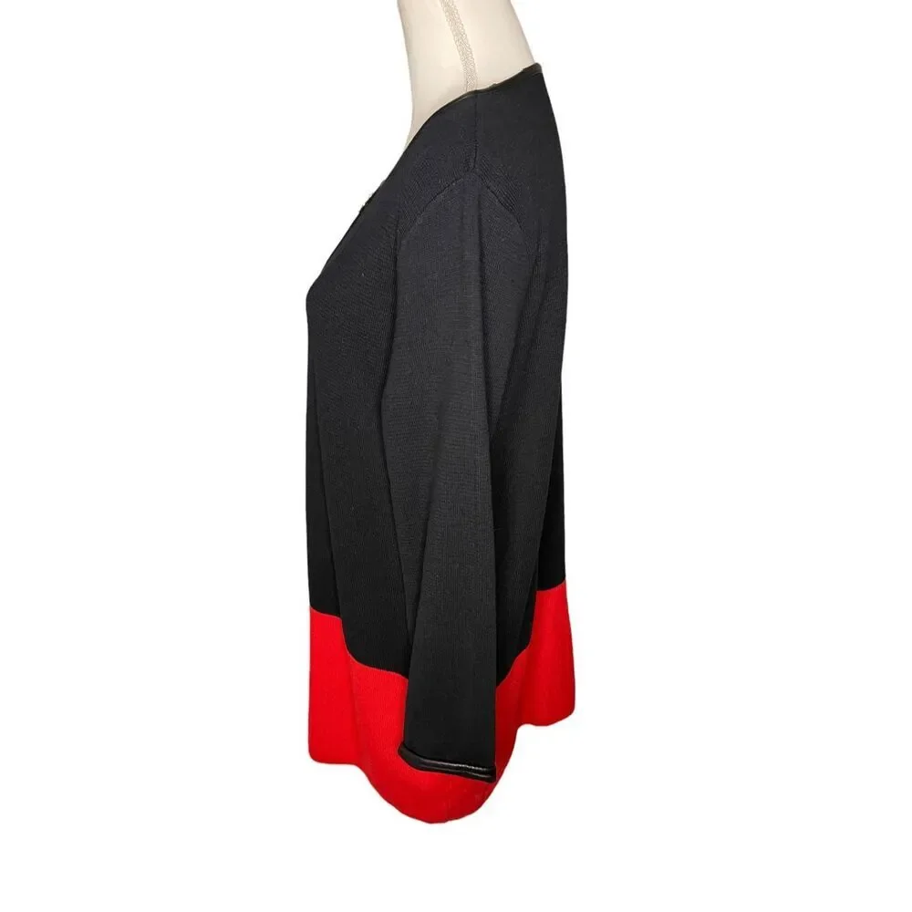 Anne‎ Klein Women’s Large Full-Zip Faux Leather Trim Sweater Black/Ruby